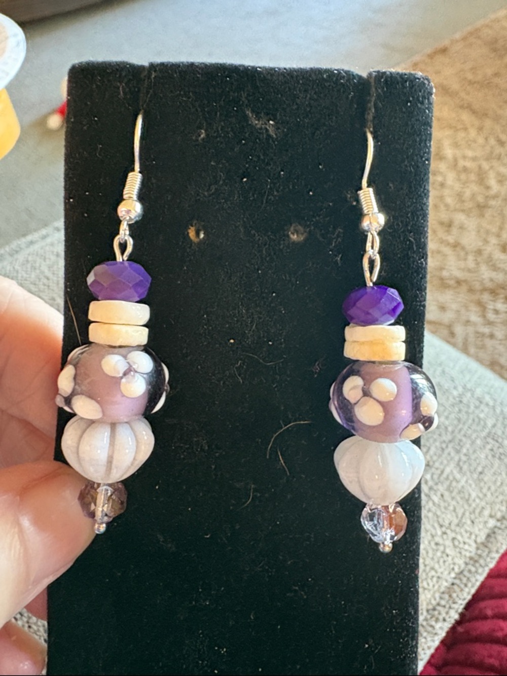 Hand Crafted Purple and White Floral Glass Bead Drop Earrings
